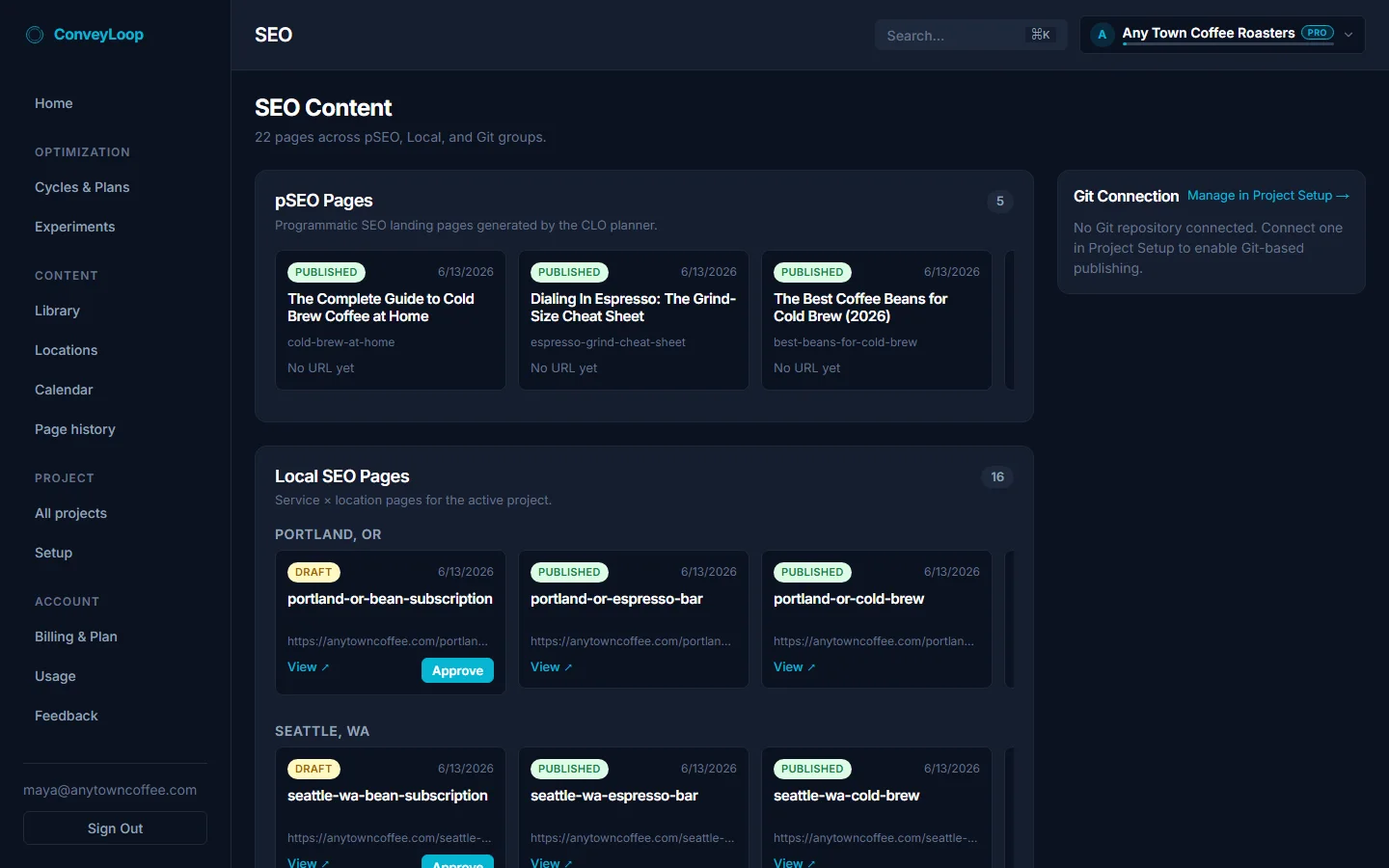 The SEO content library showing AI-generated programmatic and local landing pages.